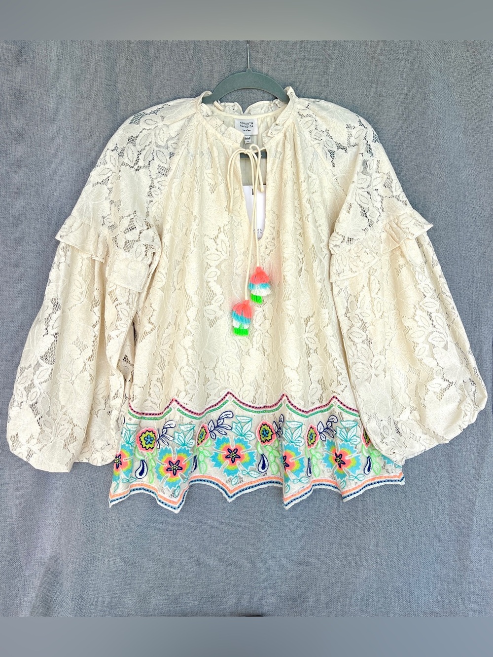 HEMANT & NANDITA Aurora Boho Lace wide sleeve tie up tassel blouse cream S